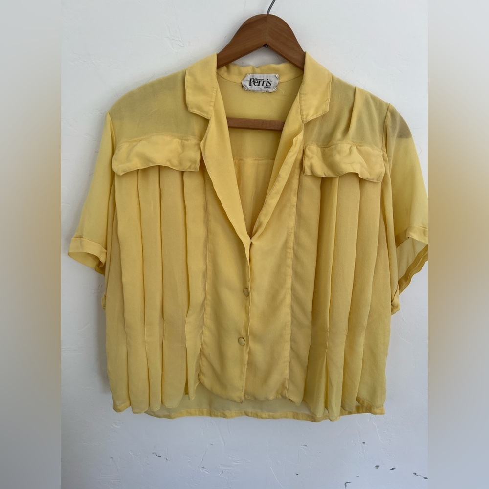 Vintage Bernard Perris Women's Yellow Pleated Top Size Medium